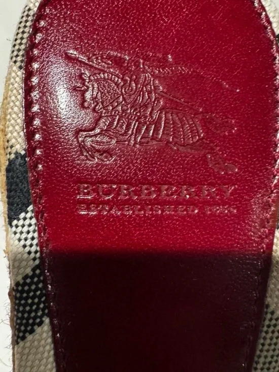 Burberry Burgundy Leather Wedge Sandals with Espadrille Trim - Picture 5 of 6